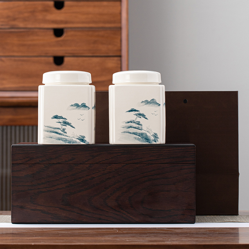手绘山水四方罐陶瓷茶叶包装礼盒空盒高档木盒绿茶白茶瓷罐包装盒
