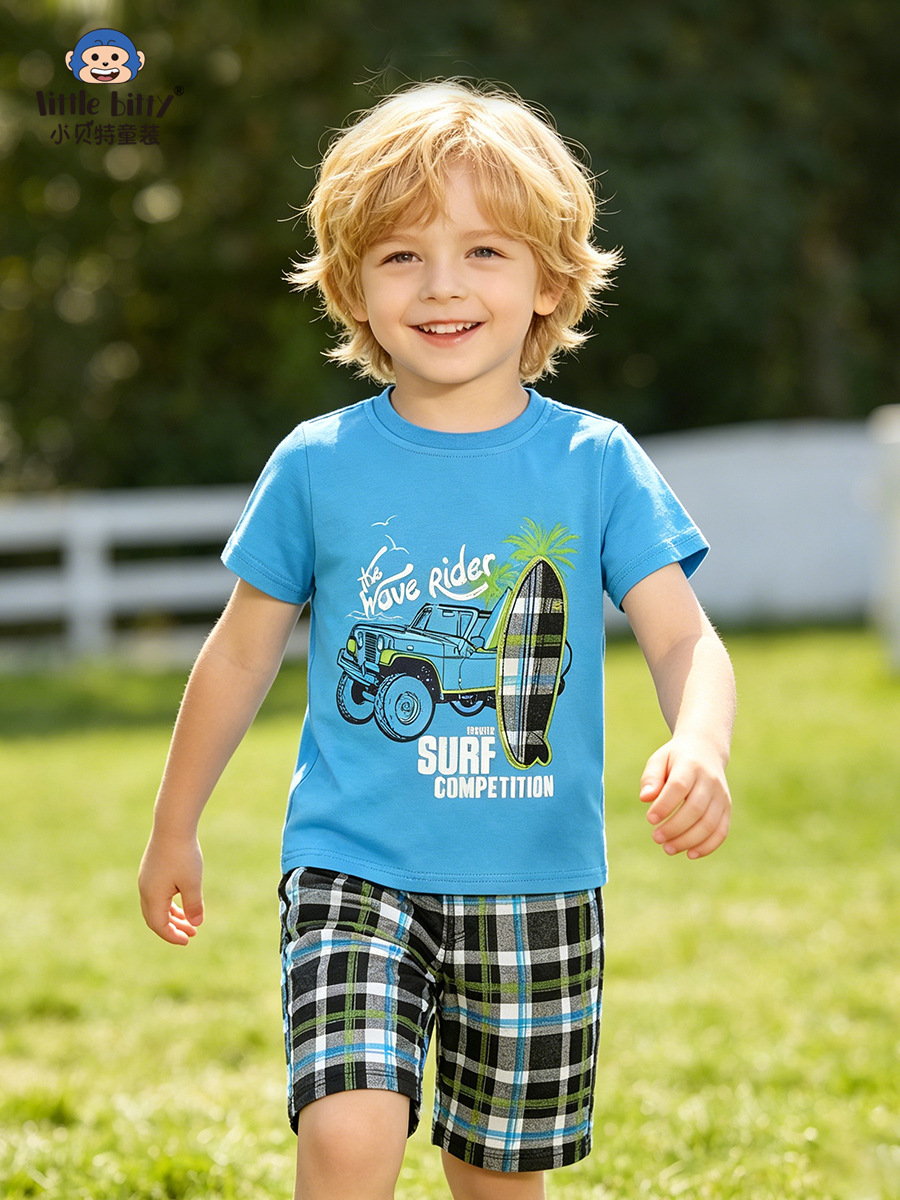 Cross-Border Supply 26Th Spring/Summer Children's Short-Sleeve Set with European and American Car Print, Round Neck, Two-Piece Set for Young Children