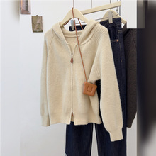 连帽双拉链开衫女春季秋冬加厚软糯毛衣美式慵懒chic外套宽松上衣