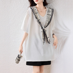 Real Shot of Fake Two-Piece Shawl Short-Sleeved Shirt Summer New Large Size Fat Slimming Belly-Covering Mid-Length Top