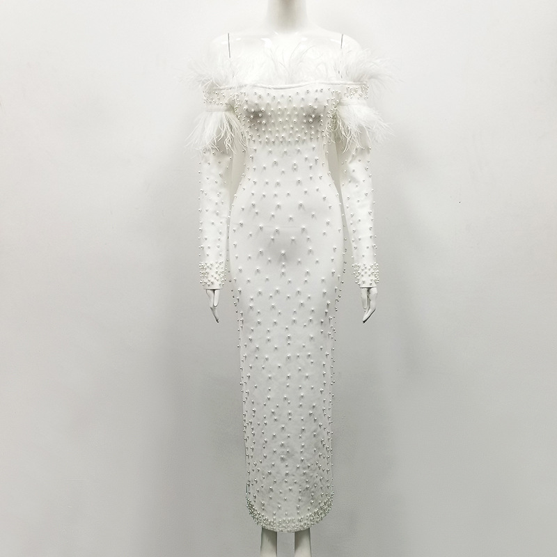 Vêtements pour femmes robe bandage pour femmes une épaule plumes perles mode jupe longue mince_voghion.com