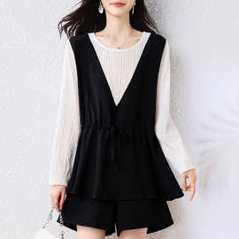 设计感假两件长袖打底衬衫女春秋大码胖显瘦遮肚子收腰裙摆上衣