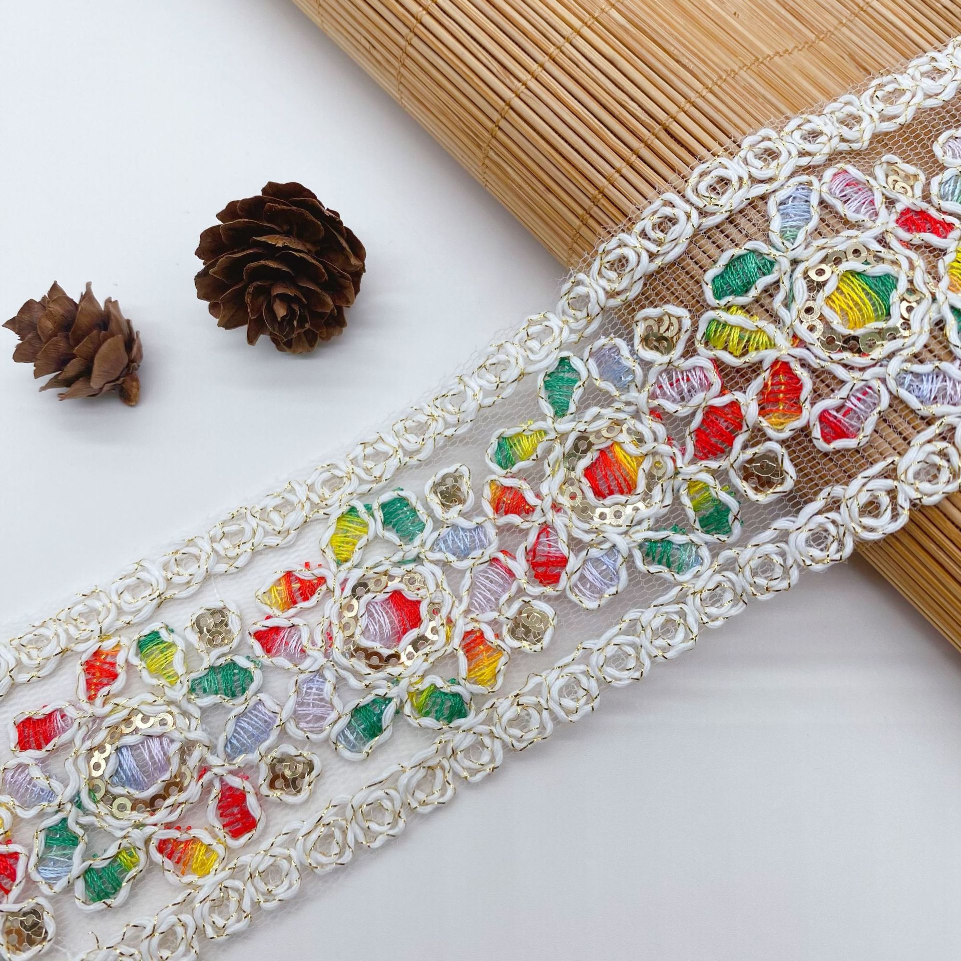 Bordado de color, malla, lentejuelas, encaje multicolor, accesorios de estilo exótico, encaje, código de barras, encaje, nuevo estilo étnico