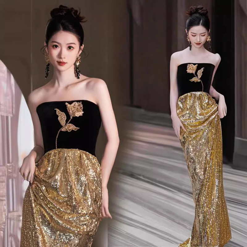 New Chinese Black and Gold Sequin Evening Dress Bride Strapless Toast Dress Banquet Host Wedding Dress