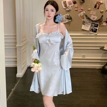 冰雪丝带胸垫吊带裙睡袍两件套冰丝睡衣女夏季仿真丝睡裙家居服