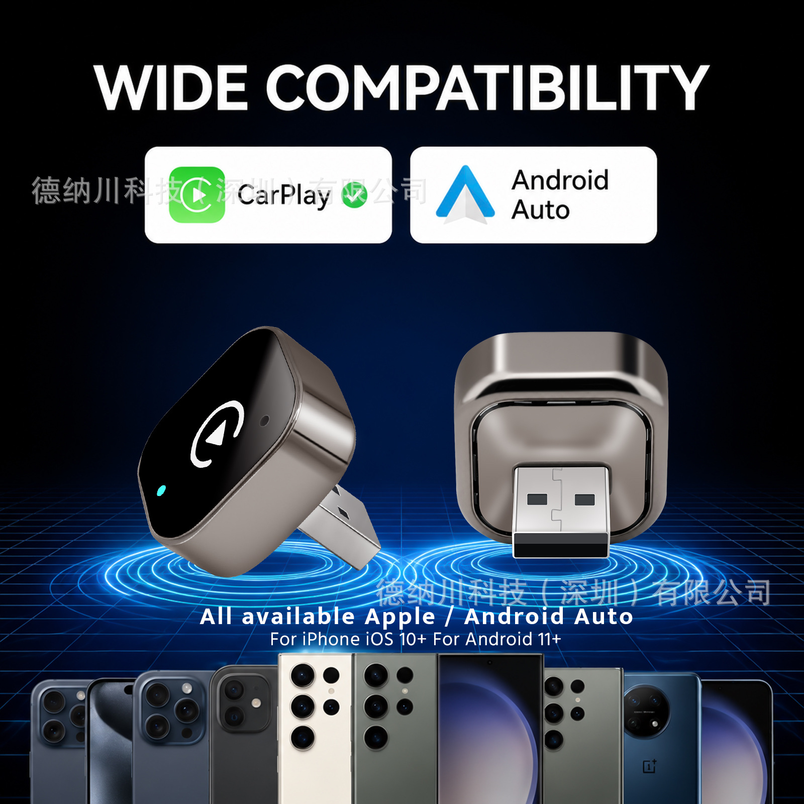 Cross-border wireless CarPlay adapter, compatible with wired connections, for in-car navigation, supporting both Apple and Android devices, dual-mode