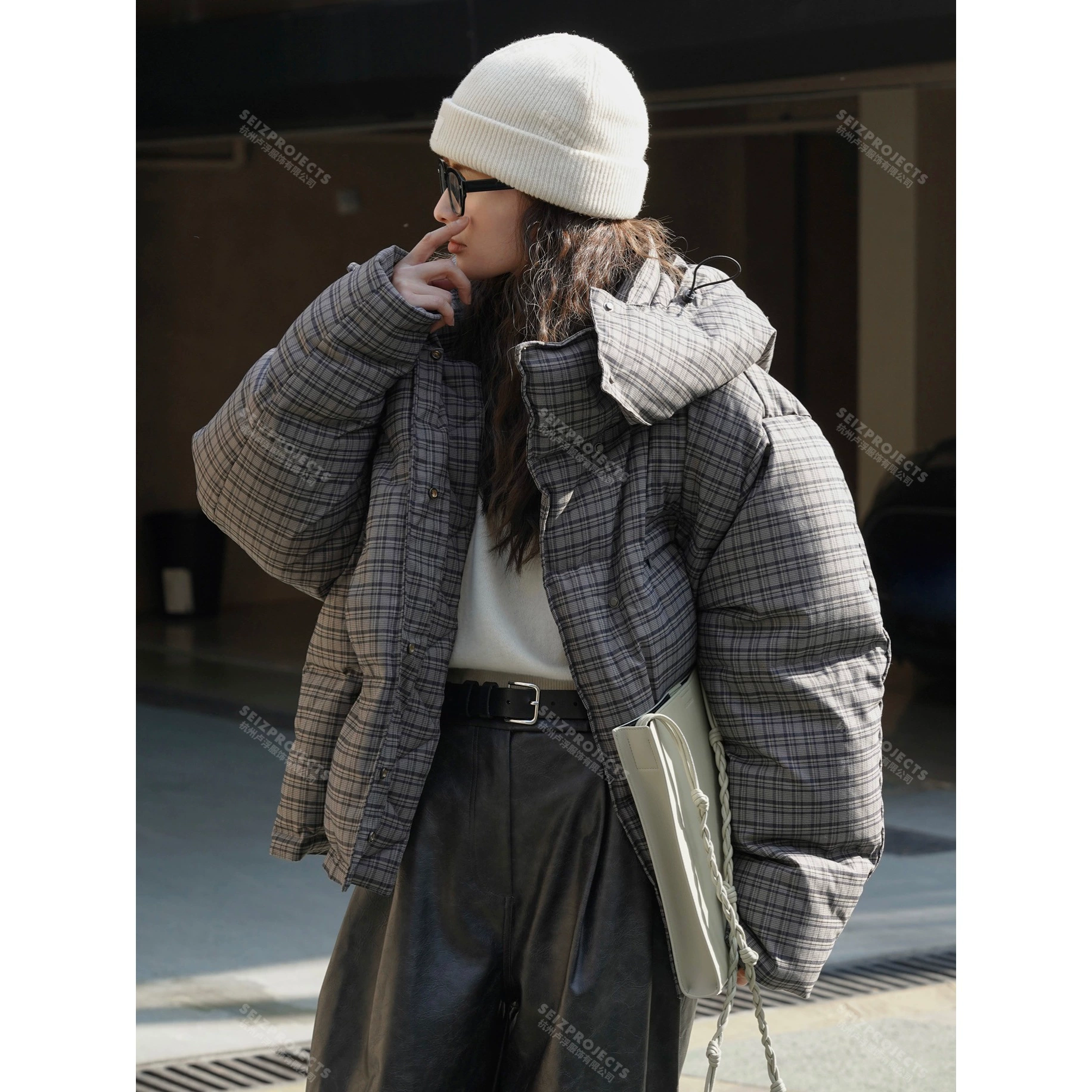 Зимняя новая корейская дизайнерская клетчатая съемная шапка, пуховик, теплая куртка для женщин