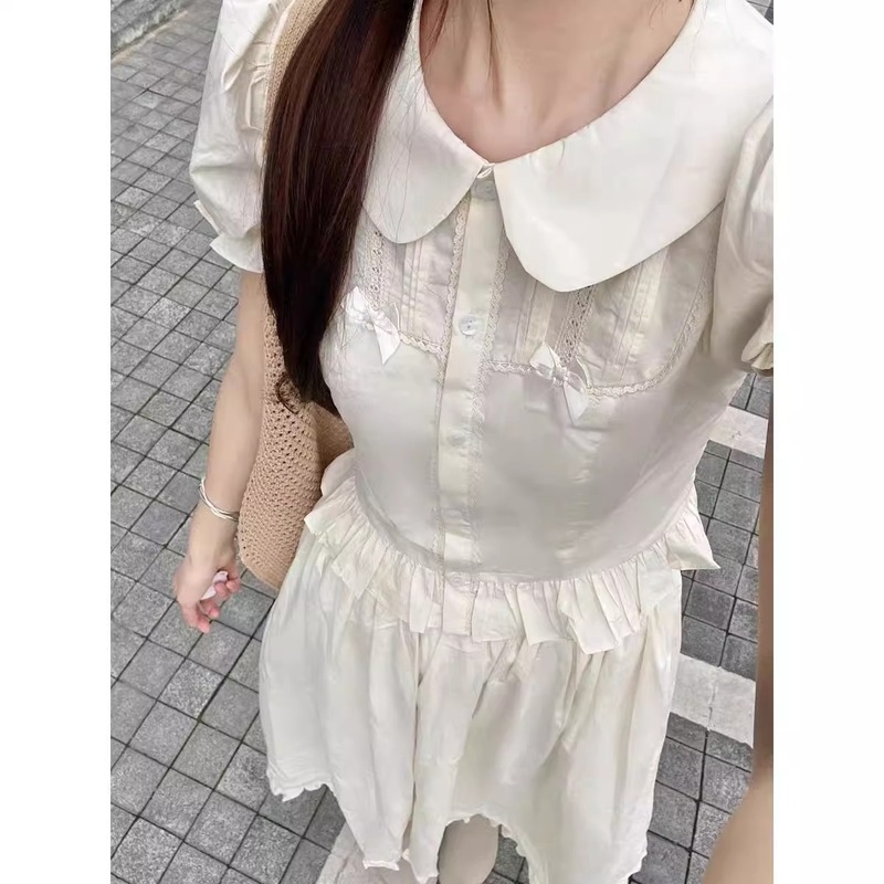 夏季款学院风温柔甜美娃娃领衬衫上衣女法式高腰半身裙子显瘦套装|undefined