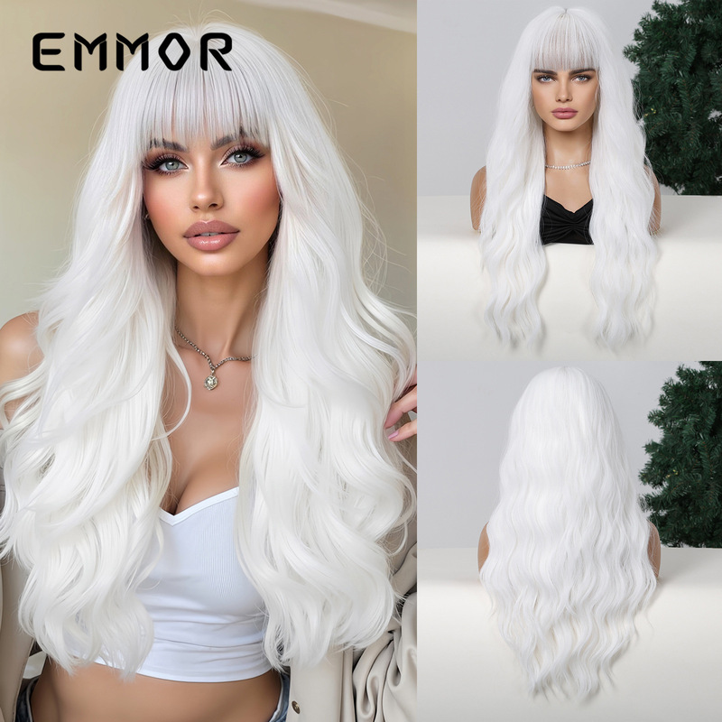 Wig European and American cross-border supply neat bangs white long curly hair festive atmosphere dopamine cos full head cover Wig European and American cross-border supply neat bangs white long curly hair festive atmosphere dopamine cos full head cover