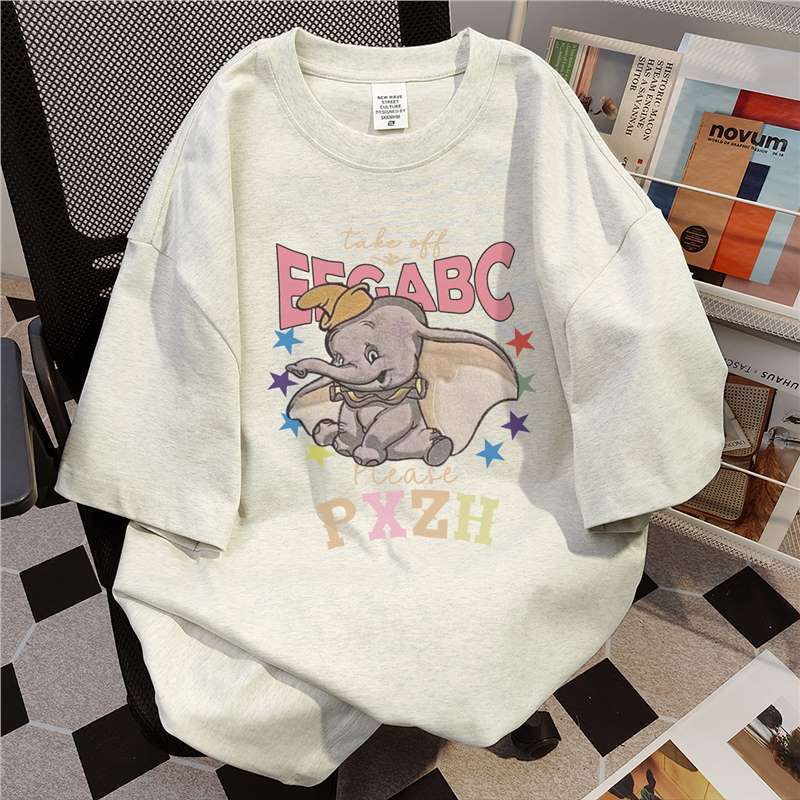 chubby girl American-style Cotton Cartoon Dumbo Printed All-match Short-sleeve T-shirt Women's Summer New Loose plus size Top