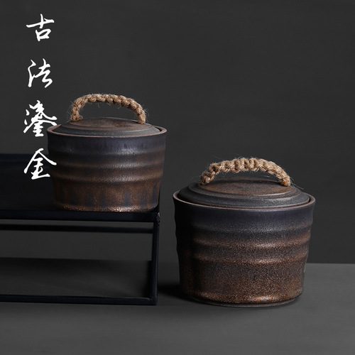 Wholesale moisture-proof coarse pottery tea jars, gilt wide-mouth storage jars, retro creative sealed Pu'er tea cake storage jars