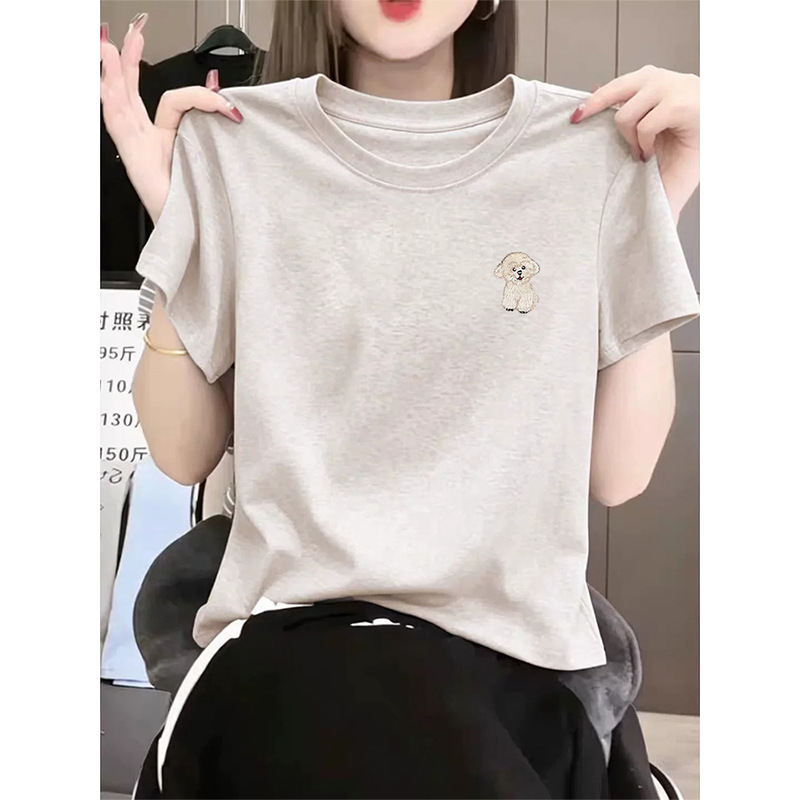 This Year's Trendy Light Floral Gray Pure Cotton Short-Sleeve Loose Casual Slim-Fit Regular Shoulder T-Shirt for Women, Summer Top