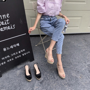 2025 Wedge Heel Braided Hemp Rope High Heel Fish Mouth Sandals Waterproof Platform Thick Sole Suede Outer Wear Beach Women's Shoes