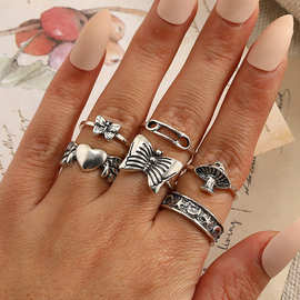 欧美亚马逊新款蝴蝶爱心天使翅膀蘑菇复古6件套装合金戒指