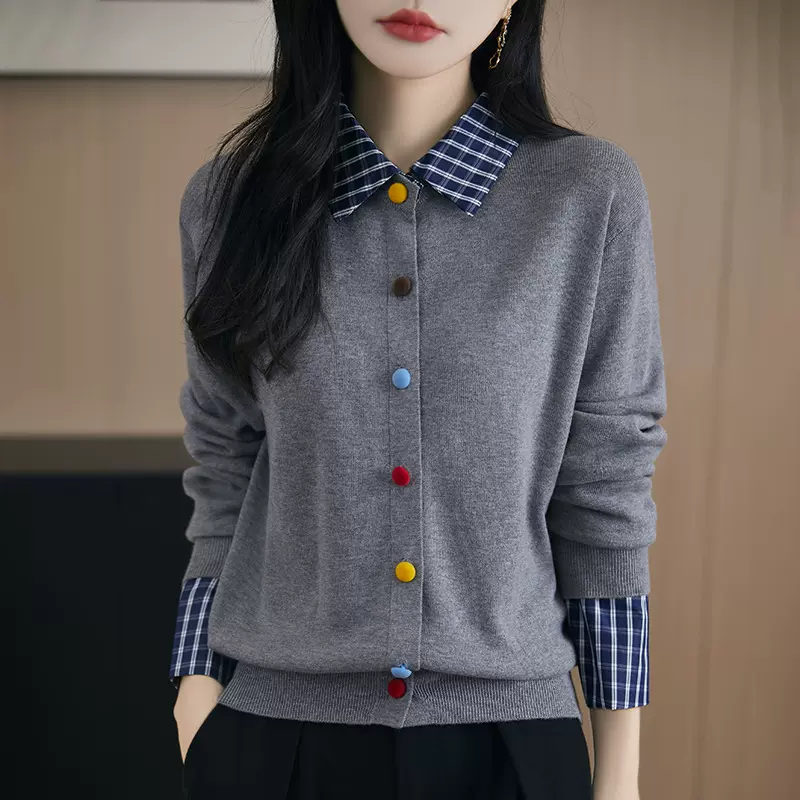 秋冬新款设计感假两件拼接翻领气质时尚针织衫上衣女洋气开衫毛衣