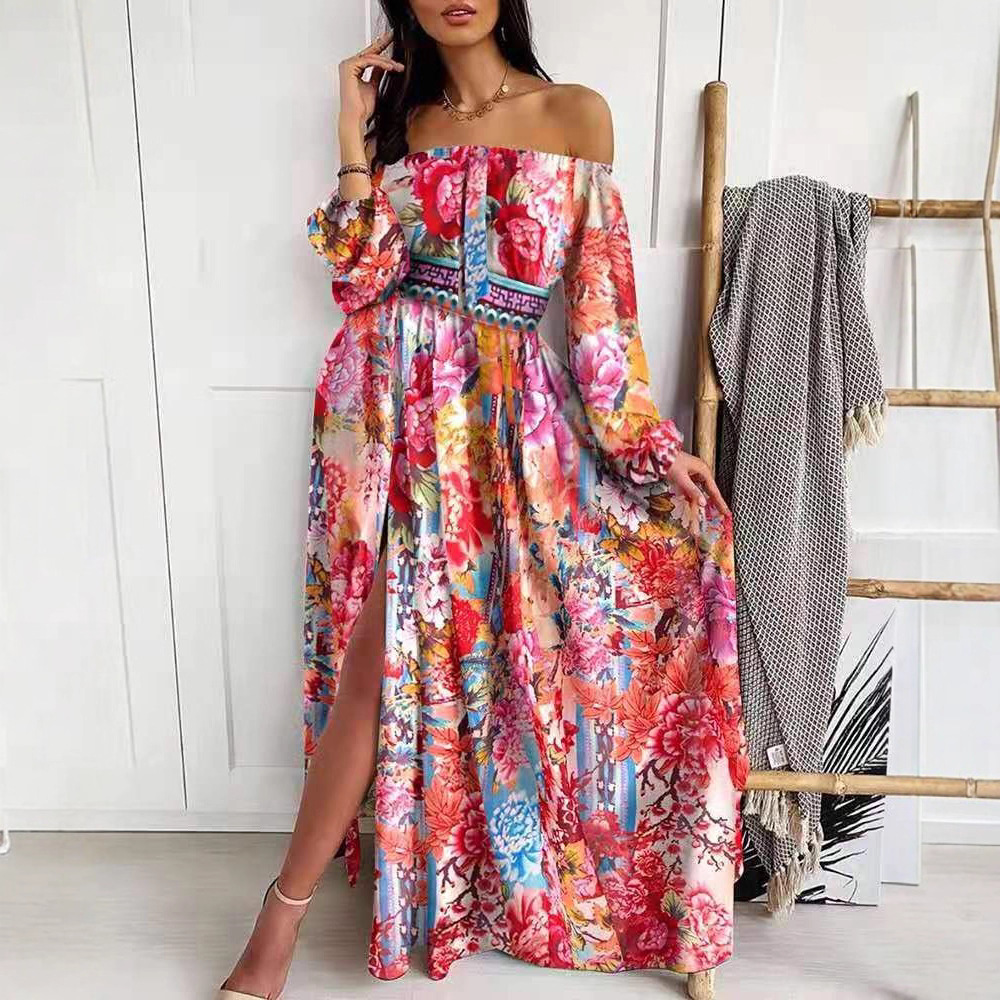 Cross-border 2025 European and American summer women's dress round neck temperament commuting elastic waist casual large swing printed skirt