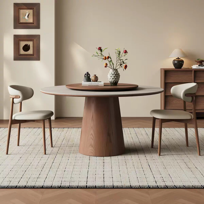 Mid-century style travertine round dining table, suitable for small homes, solid wood table, retro and minimalist dining table and chair set