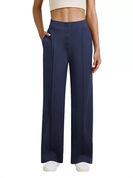 2025 Amazon European and American Fashion New Women's Casual Straight Pants High Waist Button Elastic Belt Flap Pocket Pants Wide Leg Pants