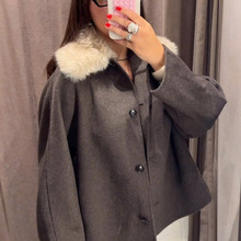 跨境欧美风女装秋冬新款时尚高级感人造皮草效果领口宽松夹克外套