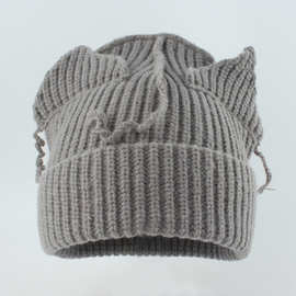跨境新款秋冬时尚猫耳朵毛线帽反面线头搞怪卷边针织帽子保暖成人