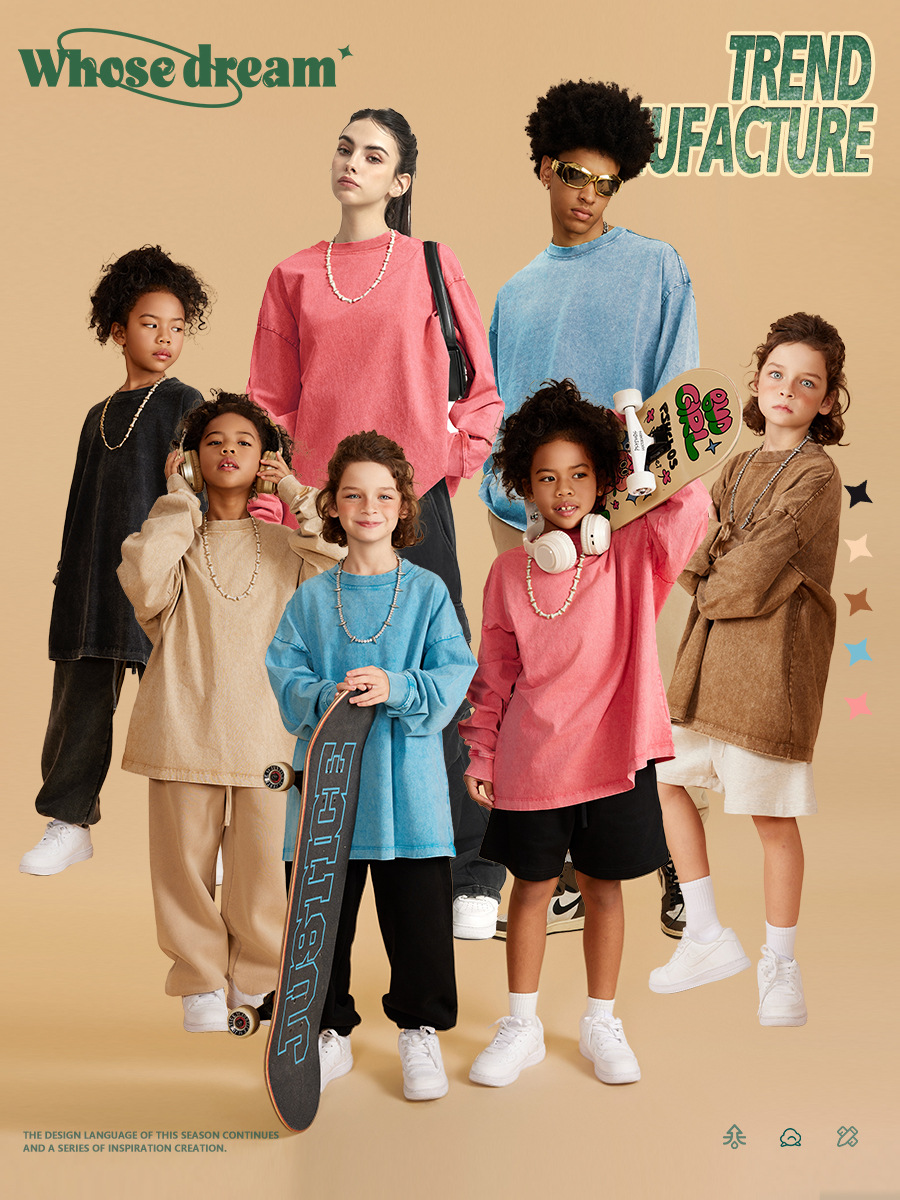 WD moda marca ropa para padres e hijos | Color sólido pesado Algodón puro americano casual lavado angustiado manga larga Camiseta niños adultos primavera y otoño
