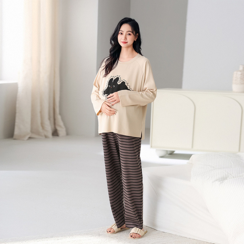 Nursing Pajamas for Women Spring & Fall Pure Cotton Long-Sleeved Set with Breast Pads Postpartum Adjustable Large Size Maternity Postpartum Home Clothes