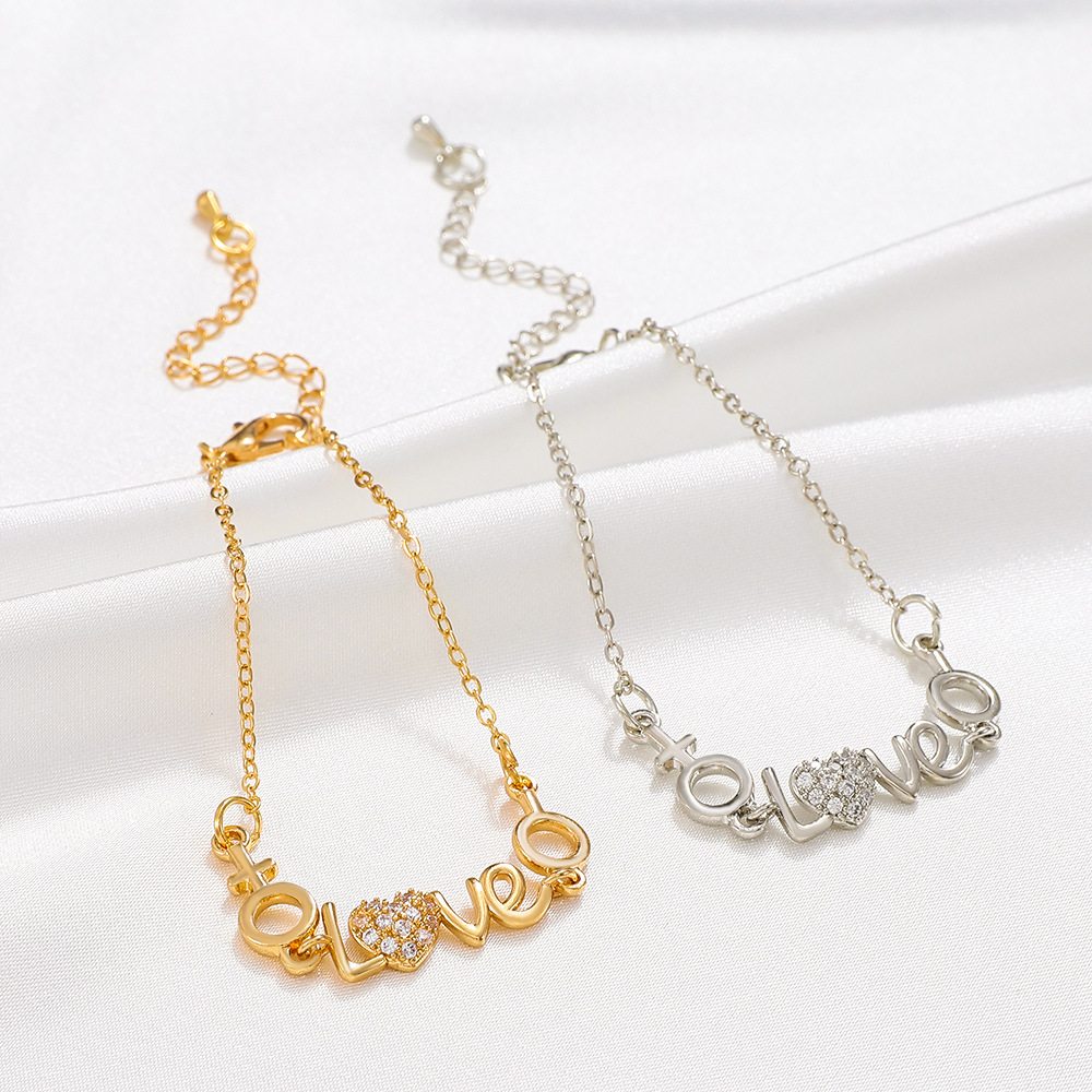 Sweet Love Heart Shape Copper Bracelets Plating Zircon Copper Bracelets