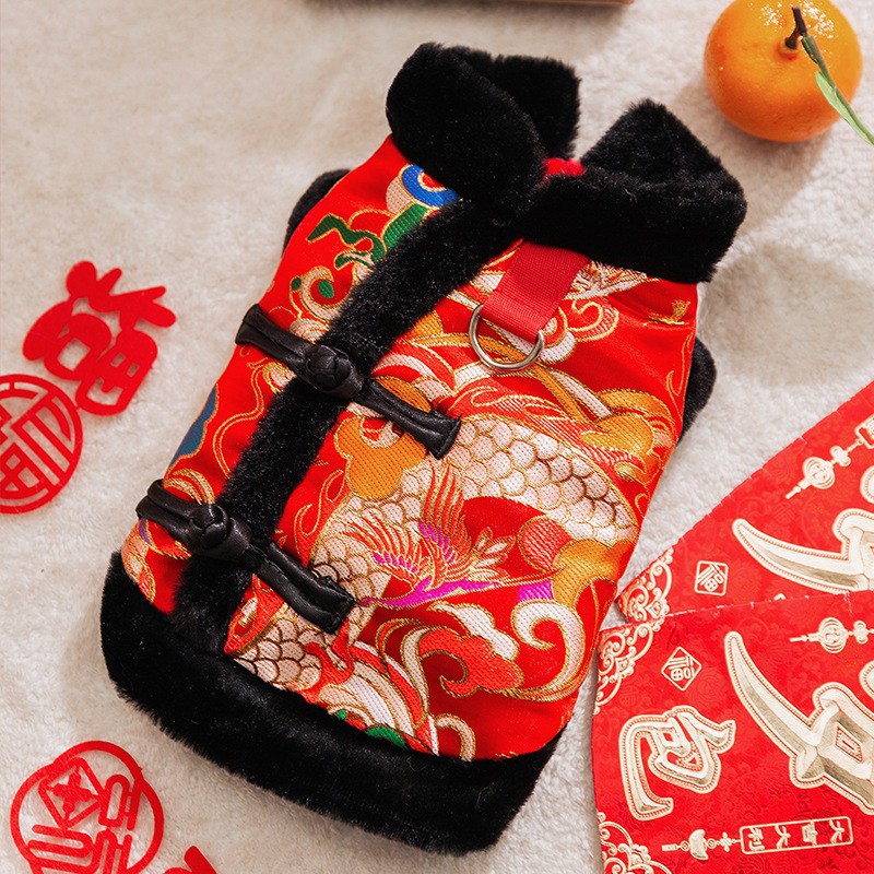 Año nuevo mascota Tang traje León danza pareja ropa de algodón acolchado ropa de Año Nuevo ropa de perro festivo gato dos pies ropa de perro caliente