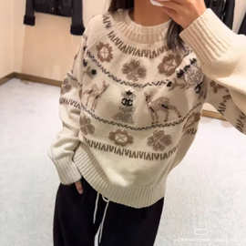 香风冬季新款针织毛衣小鹿提花时尚滑雪系列女装针织衫上衣