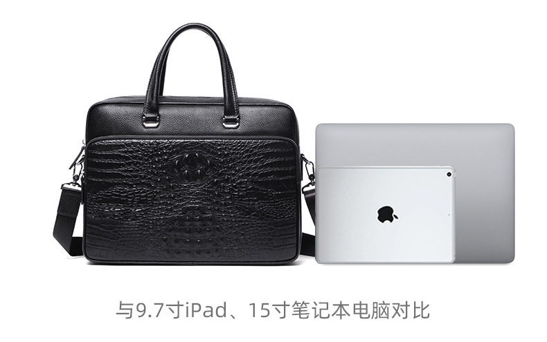 Túi xách nam da bò thật vân cá sấu, cặp công sở đựng tài liệu 14 inch — Màu đen chi tiết 11