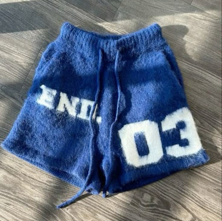 Autumn and winter American-style new digital 03 jacquard knit, personalized street-style, loose-fitting, casual drawstring fleece shorts
