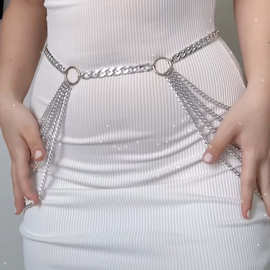 skl000191银白色多层金属腰链 白色女式针织裙搭配腰饰waistchain