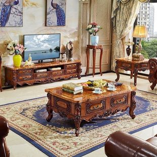 New European-style solid wood TV cabinet carved living room wine red rose gold black piano paint European-style tea table