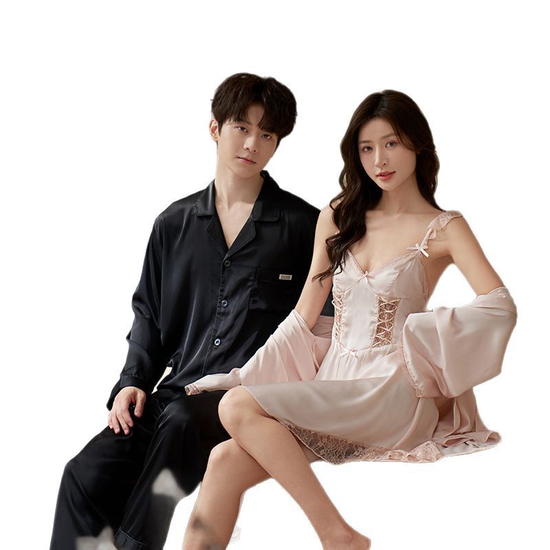 2025 년 봄과 가을 잠옷 아이스 실크 여성의 긴 소매 섹시한 레이스 슬링 나이트 가운 아침 가운 남자 홈 의류 세트