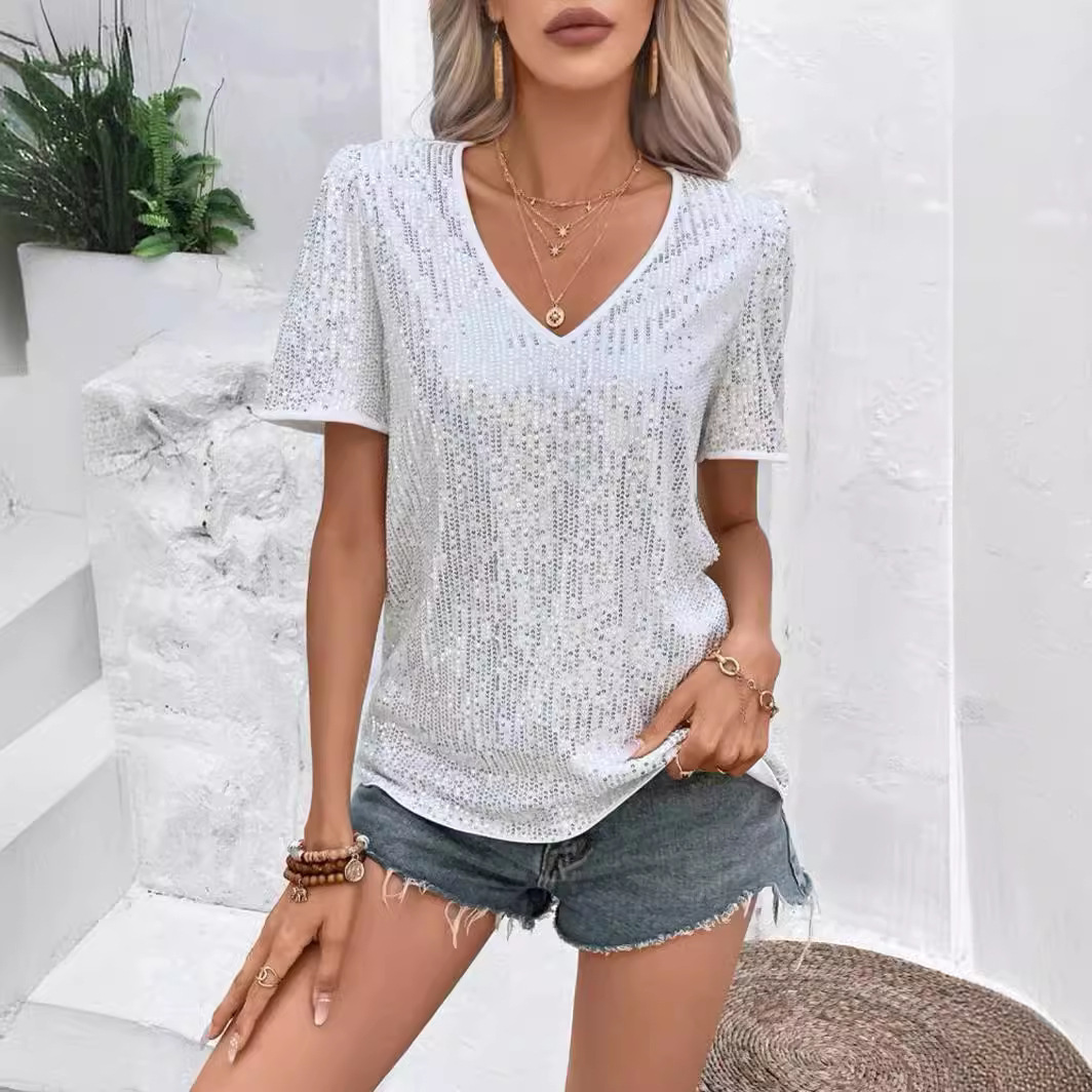 Women's Glitter T-Shirt V-Neck Short Sleeve Loose Fit Casual Blouse Solid Color Party Night out Top_ecoleips.com