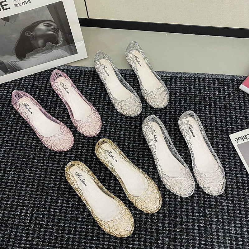 Летние новые женские плоские сандалии из сетчатой ткани с железной подошвой, танцевальные туфли для мам, пластиковые однотонные туфли, пляжная обувь