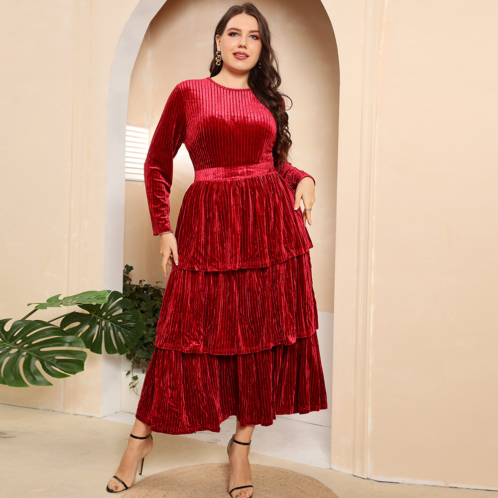 plus size solid color round neck long sleeve pleated layered dress NSWCJ117759