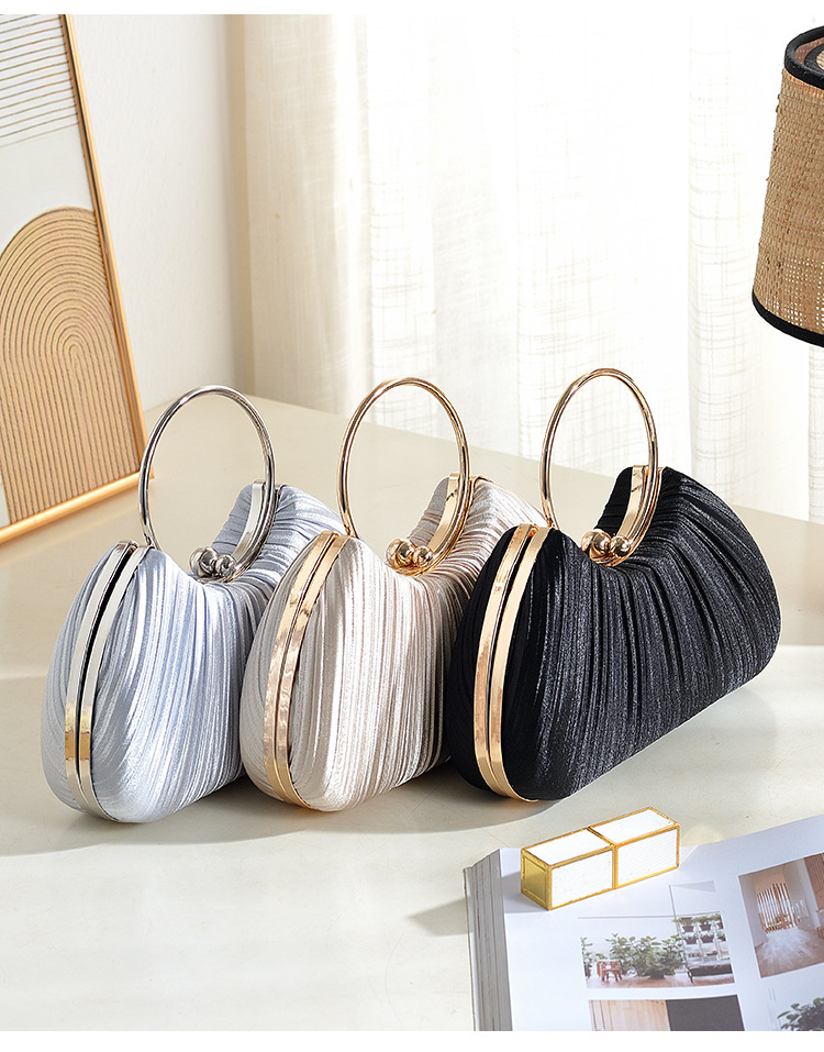 Túi clutch dạ tiệc satin xếp ly hình vòng tròn, phong cách sườn xám, có dây đeo chéo — Màu mơ, Màu trắng, Màu bạc, Màu hồng chi tiết 10