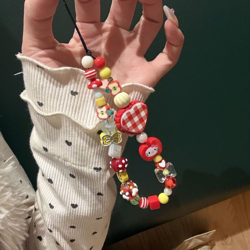 Red plaid heart dopamine KT cat phone lanyard CCD camera accessory DIY beaded creative lanyard Red plaid heart dopamine KT cat phone lanyard CCD camera accessory DIY beaded creative lanyard