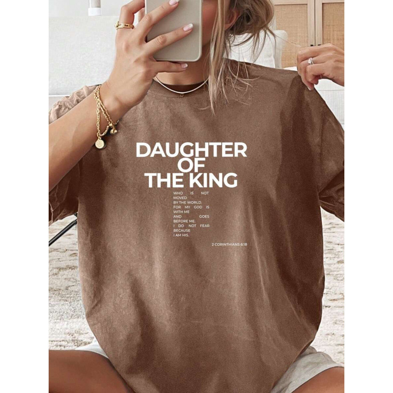 Cross-Border American-Style Tops with Artistic Scripture Style Women's T-Shirts, King's Daughter Text Print, Retro Versatile Women's Clothing Ins