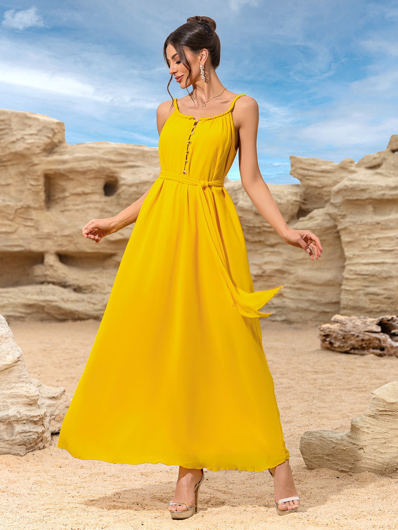 Verano nuevo estilo Bali playa vacaciones amarillo playa falda mujer retro delgado vestido coreano super hada falda larga