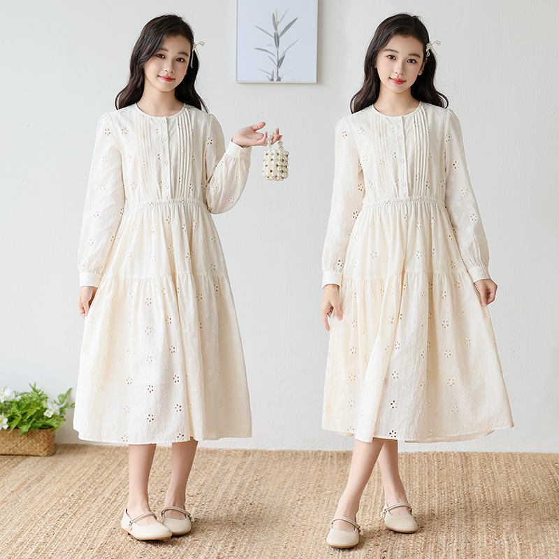 Middle and Large Kidsren's Girls' Dresses Spring & Fall Long-Sleeved Cut Out Long Skirts 2025 New Style Kidsren's Girls' Style Princess Skirts