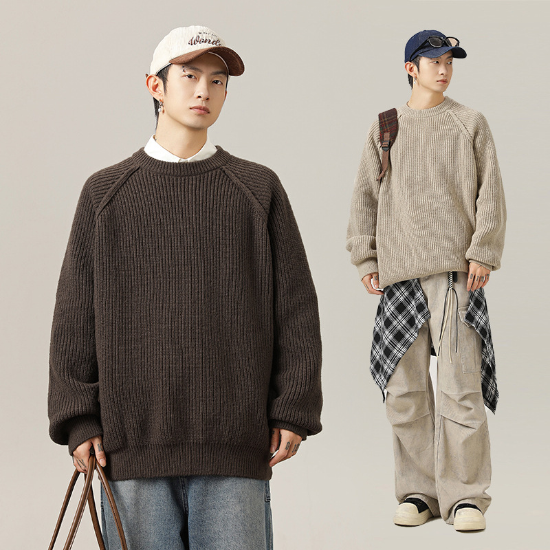 Monochrome Man- 3D Shoulder Line Design Round Neck Sweater Autumn Winter Texture Thick Knit Solid Color Knitwear Vintage Loose Coat_voghion.com