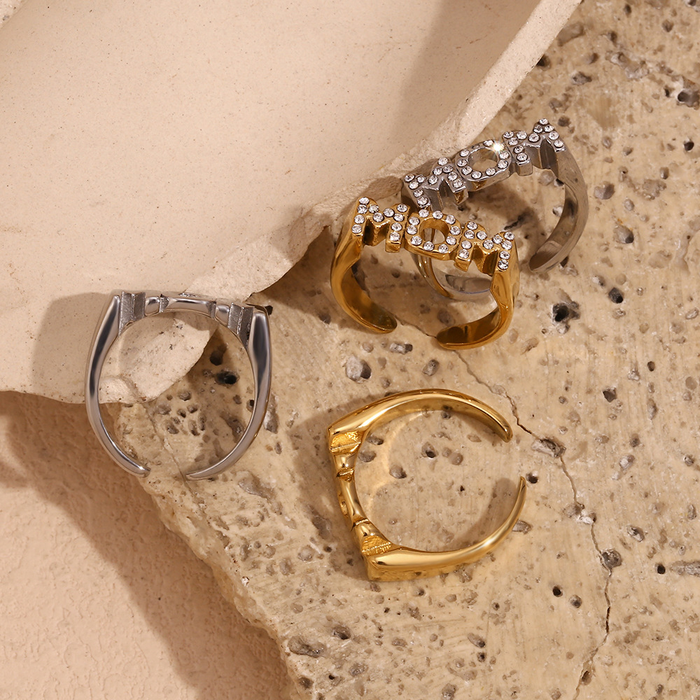 Zircon Inlaid Mom Stainless Steel Open Ring
