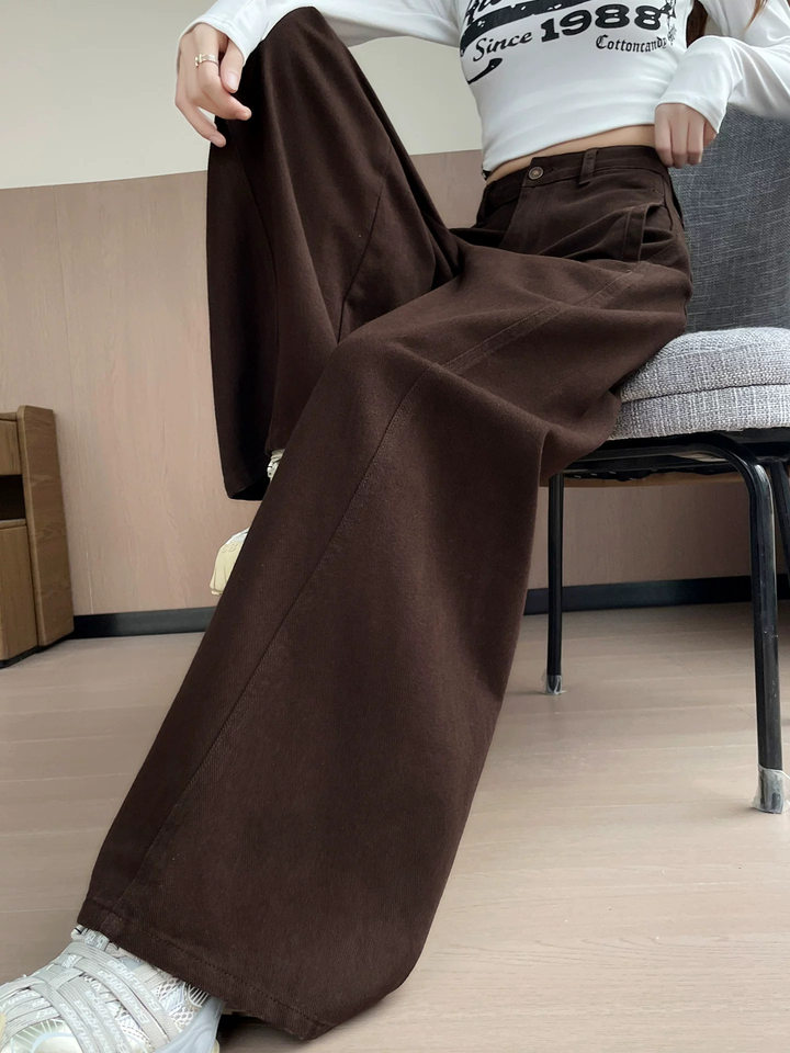 Quần jean ống rộng cạp cao màu nâu cà phê, dáng suông rộng có độ rủ, phong cách tối giản — Màu nâu đậm - Dài 9 tấc, Màu nâu đậm - Dài hơn, Màu nâu đậm - thông thường, Lót lông màu nâu đậm - Dài 9 tấc