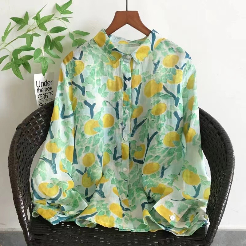 Mori Girl Artistic Print Lapel Ramie Long-Sleeved Shirt Women's Loose 2025 Spring & Fall New Top Bottoming Shirt