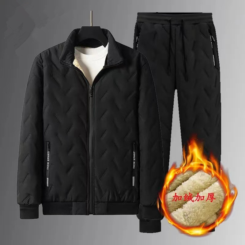 Winter fleece-lined Thickened Warm cotton-padded jacket suit Windproof Cold-proof Wear-resistant Work Clothes Men's Pants Two-piece Set