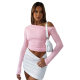 Y23TP499 European and American cross-border women's clothing autumn ins new solid color shoulder long sleeve pleated navel top T-shirt for women