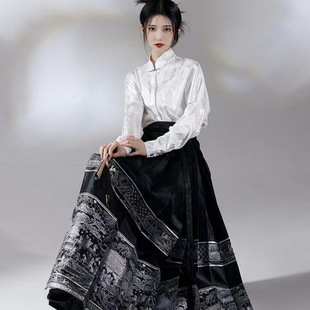 New Chinese Style National Style Suit Black Women's Stand-Up Collar Shirt Han Dynasty Improved Horse Face Skirt Two-Piece Set 2024 Spring & Fall New Style