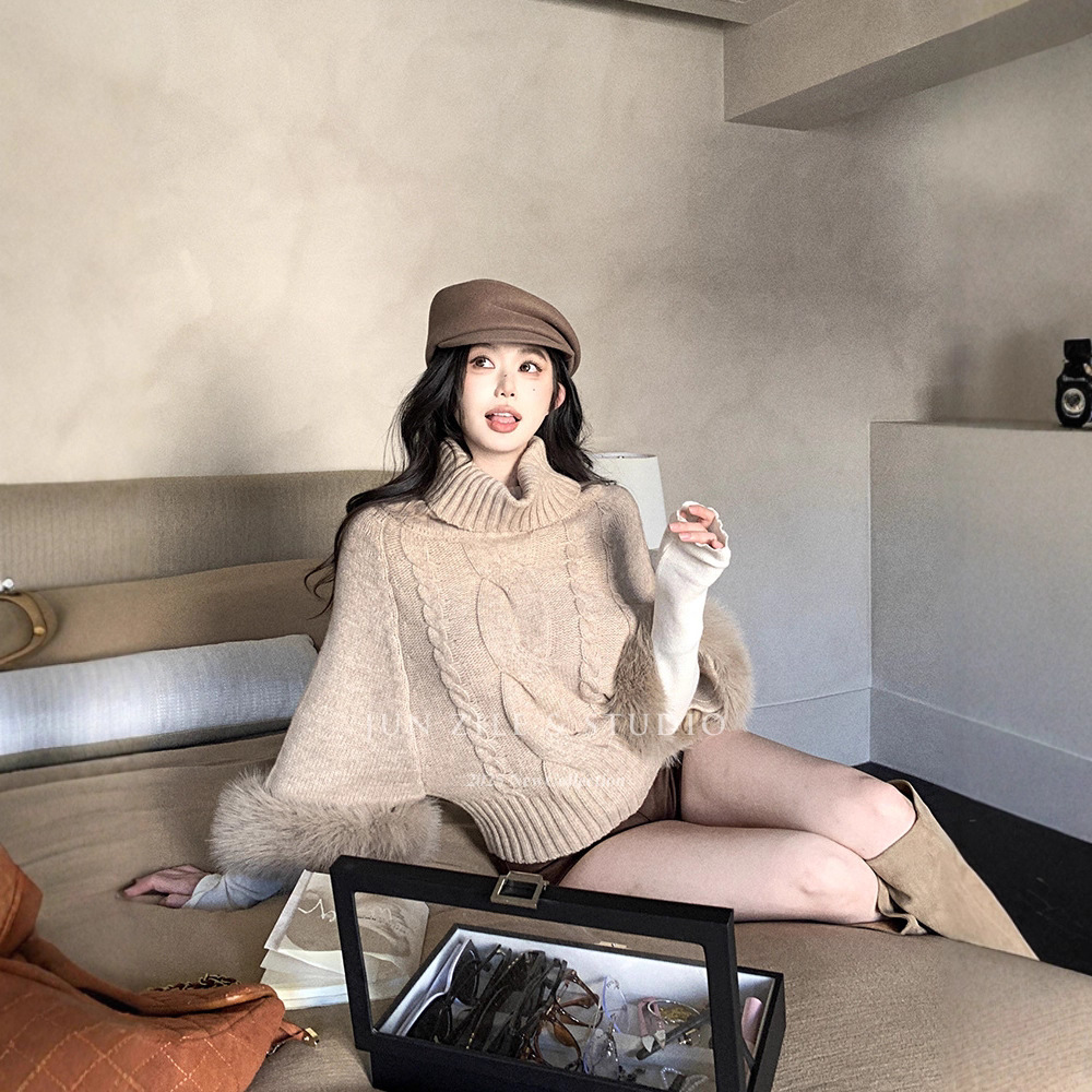 毛衣针织衫冬季女装设计感气质宽松显瘦麻花外套毛毛袖口高领上衣